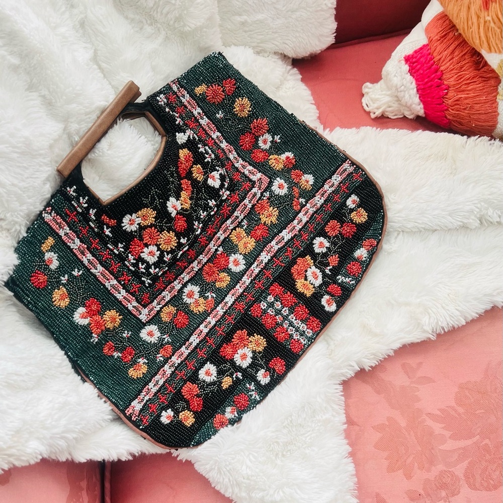 Anthropologie Floral Beaded Clutch - Black, Red, White, Green